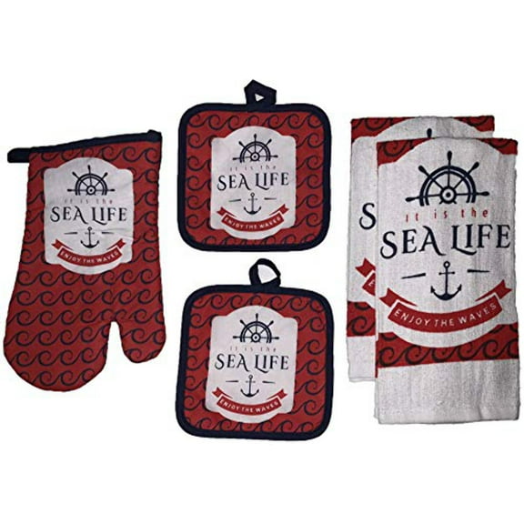 Set of 5, Nautical Coastal Anchor Wheel Design with It is The sea Life Enjoy The Waves Kitchen Towel Set Includes 2 Kitchen Towel, 2 Pot Holder, 1 Oven Mitt.