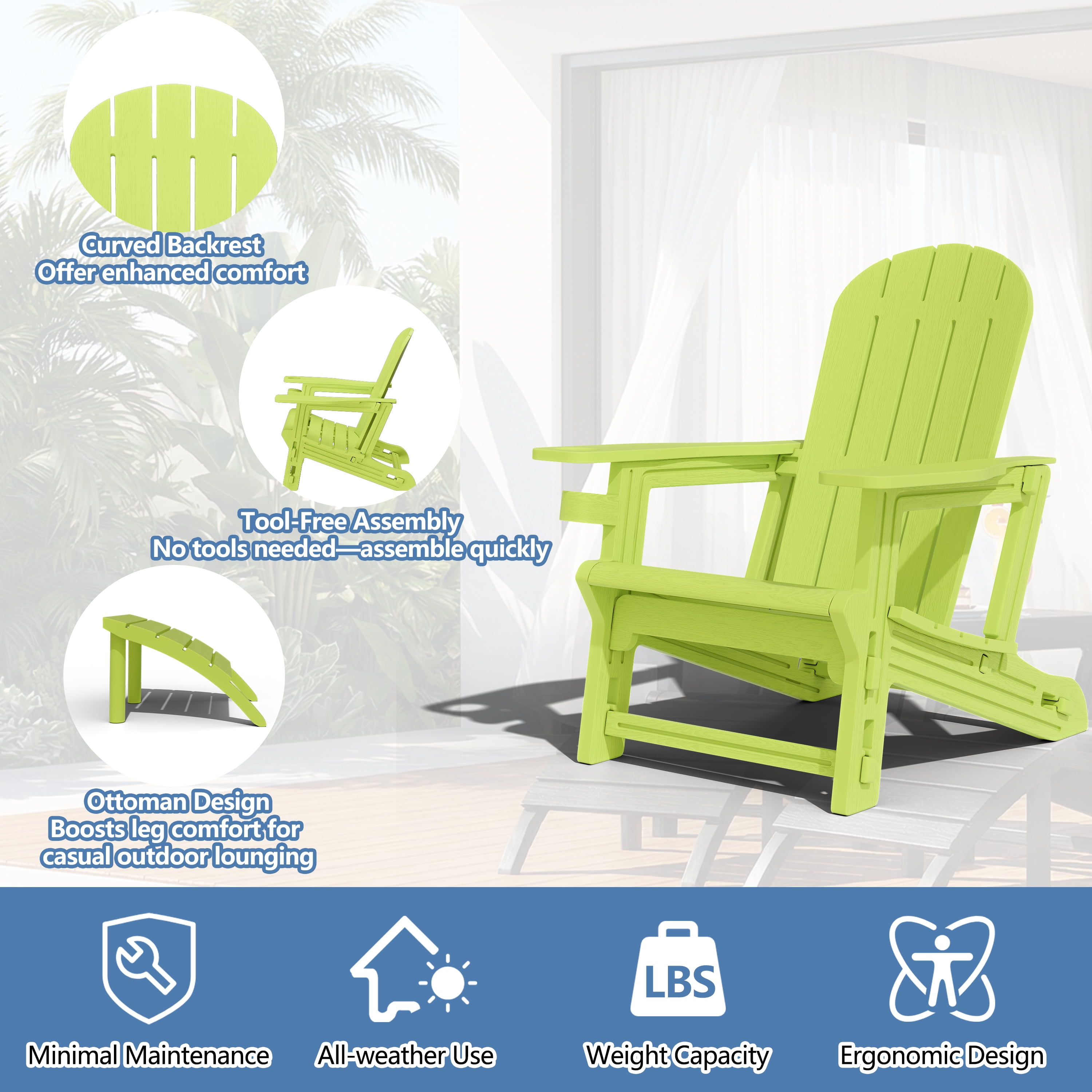 Walsunny Adirondack Chairs Set of 2 HDPE Outdoor Chair Set with Connecting Tray Cup Holder Removable Tabletop Pull-Out Footrest,All-Weather HDPE Outdoor Chair Set,Green