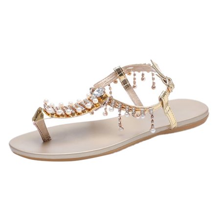 

Mackneog Women s Foreign Trade Large Size Retro Bohemian Pearl Rhinestone Sandals Women s sandals Gold 37 Gift on Clearance