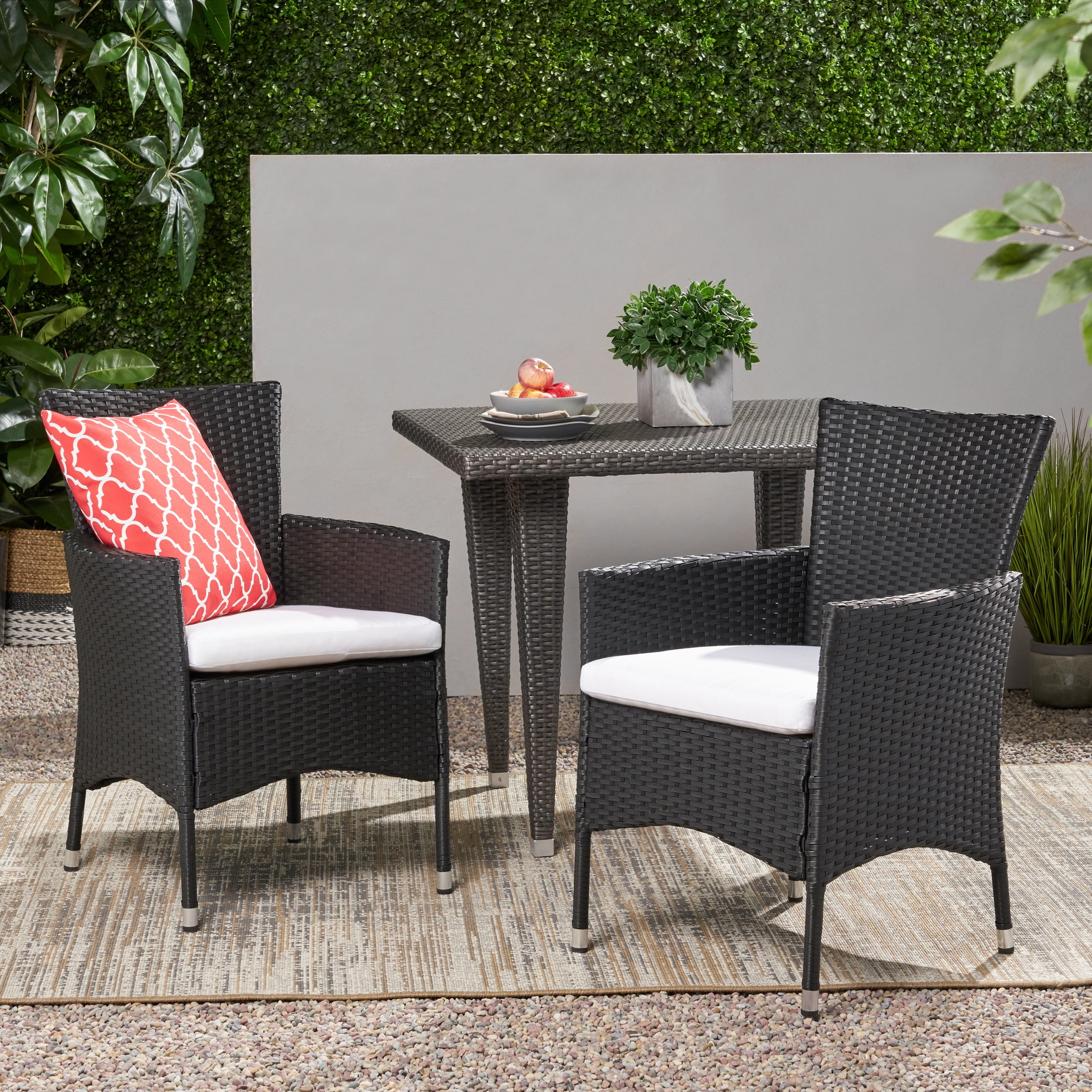 Camilo Outdoor Wicker Dining Chairs with Cushions, Set of 2, Black