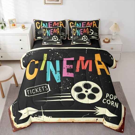 Manfei Cinema Tickets 7-Piece Twin Bedding Sets,Movie Time Bedding Comforter Set,Nlack Beige Sheet Sets For Child,Breathable Home Decor Reversible