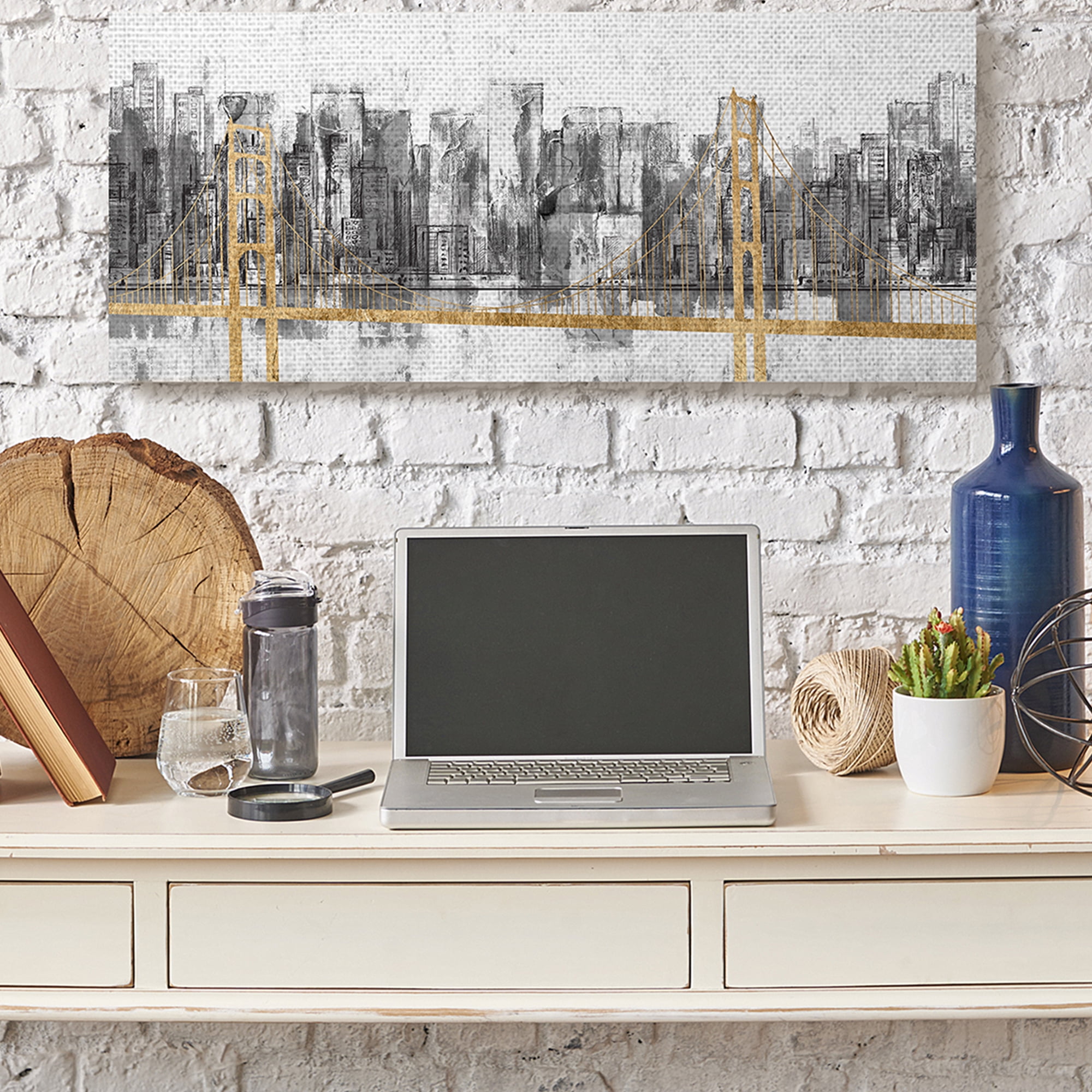 Stupell Industries Golden Bridge over Urban Distressed Cityscape Canvas Wall Art, 17 x 40, Design by Jennifer Goldberger