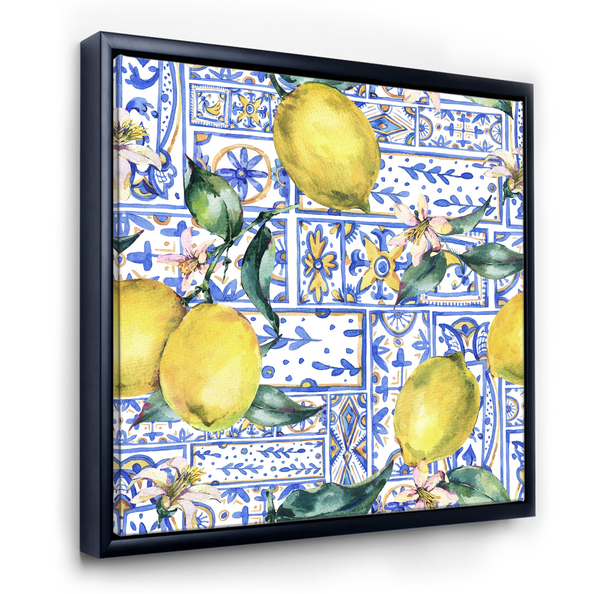 Designart 'Geometrical Pattern of Lemon Ornament On Blue I' Tropical Framed Canvas Wall Art Print