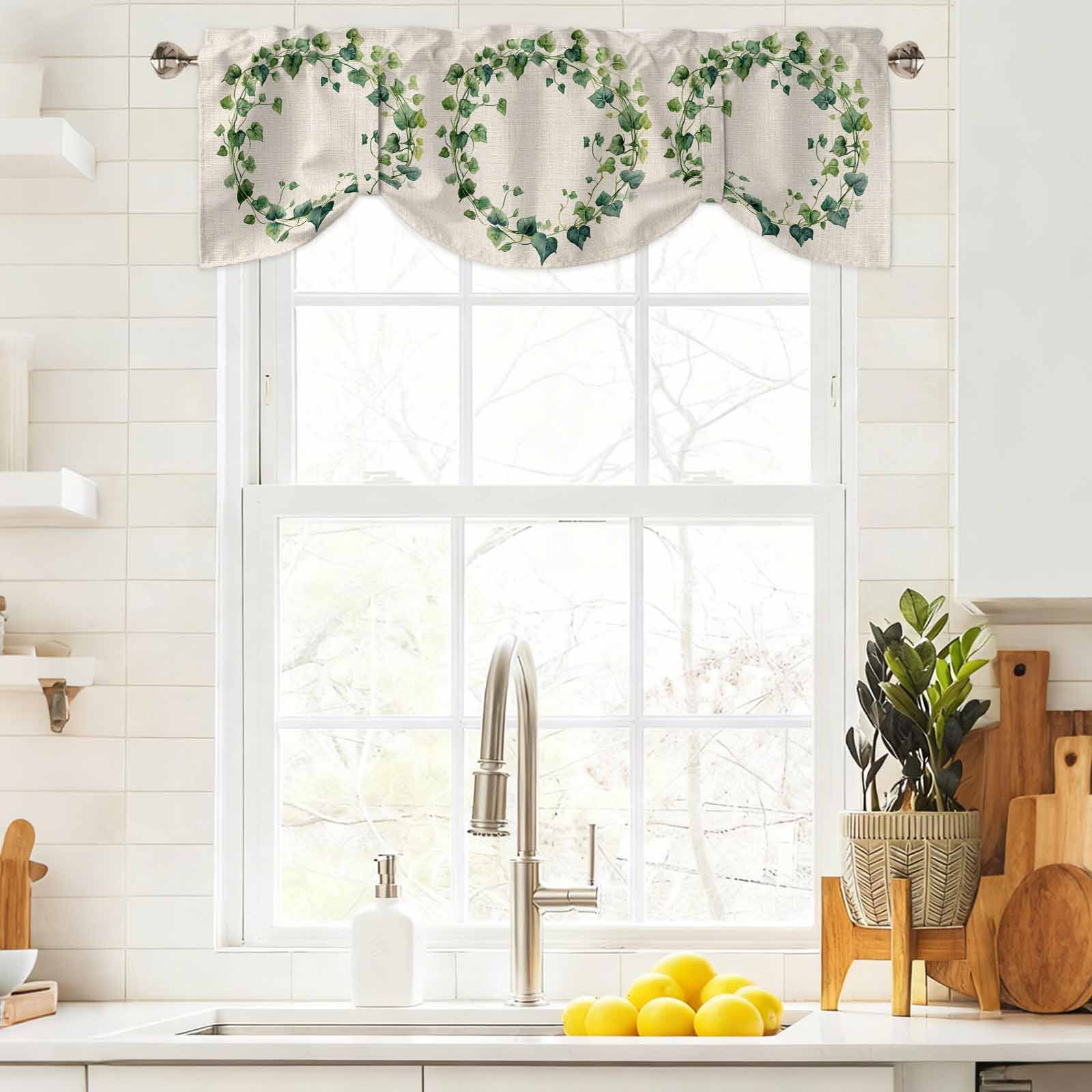 Spring Plant Tie Up Valances Curtain, Green Circle Leaf Linen Texture Adjustable Rod Pocket Short Window Treatment Tie Up Curtains Valances for Kitchen Living Room Bathroom 60x18 Inches