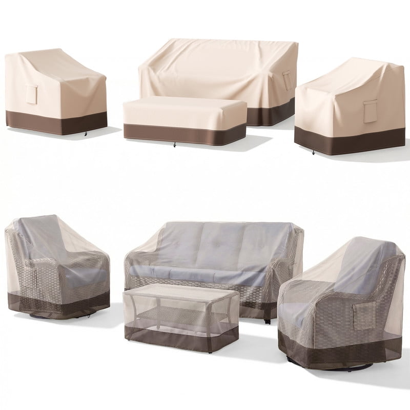 Patiobula Patio Furniture Covers, 4 Piece Outdoor Furniture Covers Waterproof, 600D Heavy Duty Tear-Resistant Patio Chair Covers with Windproof Buckle Strap and Adjustable Drawstring, Brown