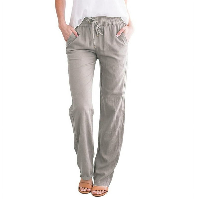 Women's Straight Leg Pant Cotton Linen Regular Fit Pant Summer Casual Pants  Drawstring Long Trousers with Pockets S-3XL 2XL Light Grey 