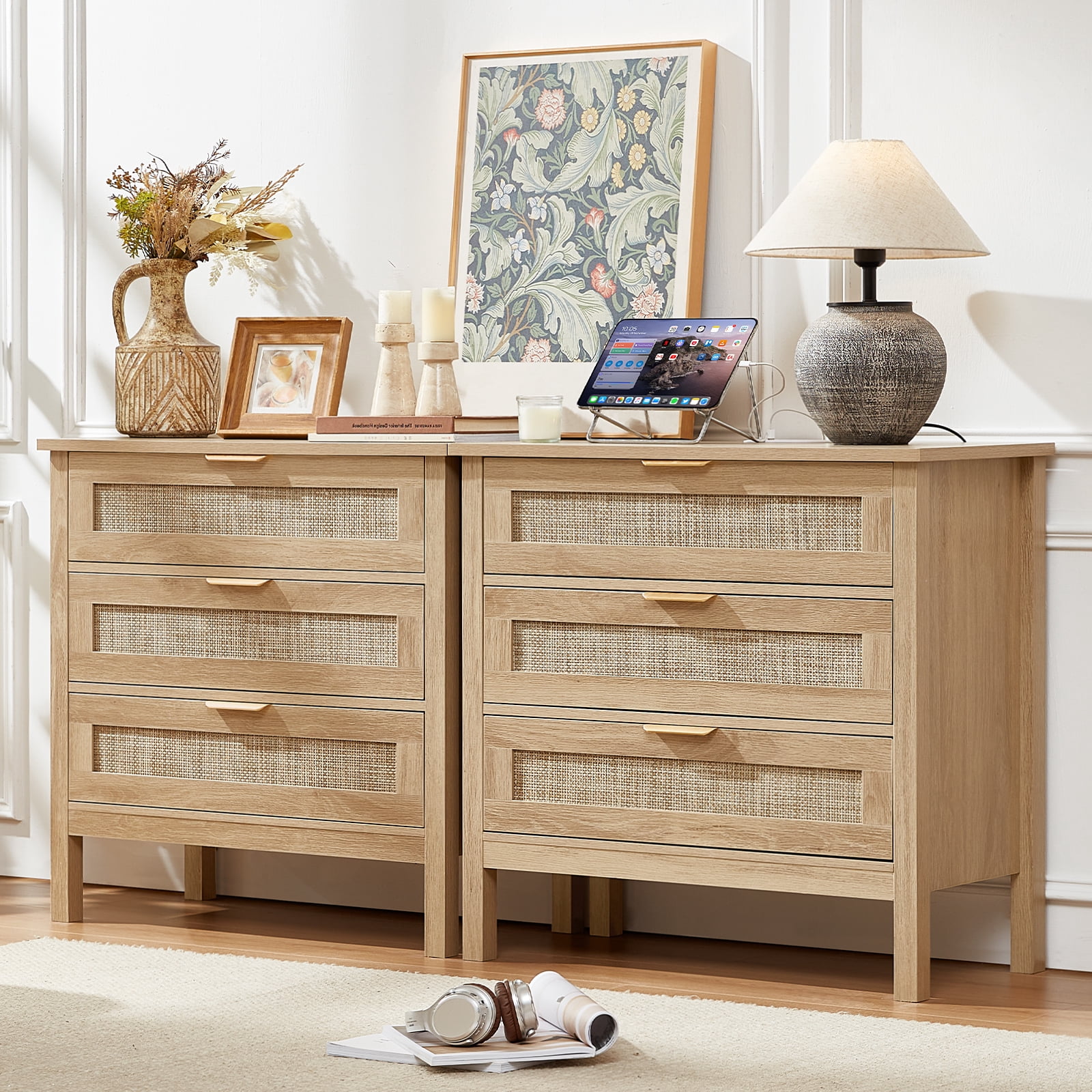 Leyaoyao 3-Drawer Storage Nightstand with Charging Station, 31.5" Wide Rattan Bedside Table, Boho Storage Cabinet with Shelf for Bedroom, Living Room, Natural