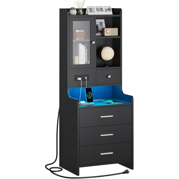 49.2" Tall Nightstand with Bookshelf, Black Night Stand with Charging Station & LED Lights, Bedside Table with Drawers, End Side Table for Bedrooms