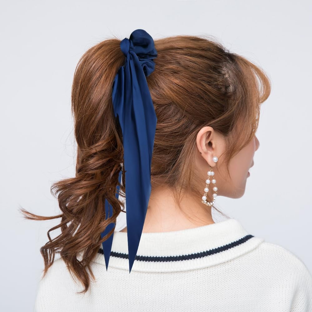 12 Pieces Solid Silky Satin Chiffon Hair Ties with Long Ribbon Bow Tail Hair Scrunchies Ponytail Holders Rubber Bands Accessories for Women Girls Teens