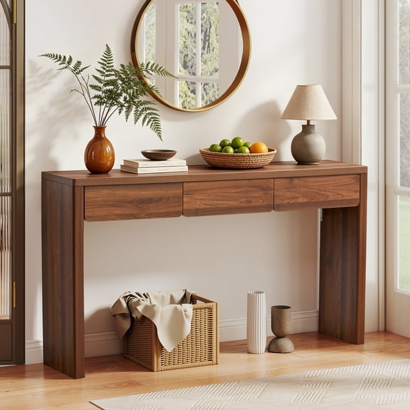 YOCWO 59" Narrow Console Table with Drawers and Charging Station, Mid Century Modern Sofa Table for Entryway Hallway & Home Office, Walnut