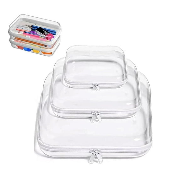 3Pcs Zippered Hard Case, Clear Plastic Pencil Case, Portable Pouches Travel Case with Double Zippers,Transparent Hard Pouch for Toy Storage(S& M&L)