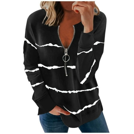 

QIPOPIQ Shirts for Women Clearance Long Sleeve Tops Zipper V Neck Floral Pullover Oversized Sweatshirt Loose Fit Tunic Blouses