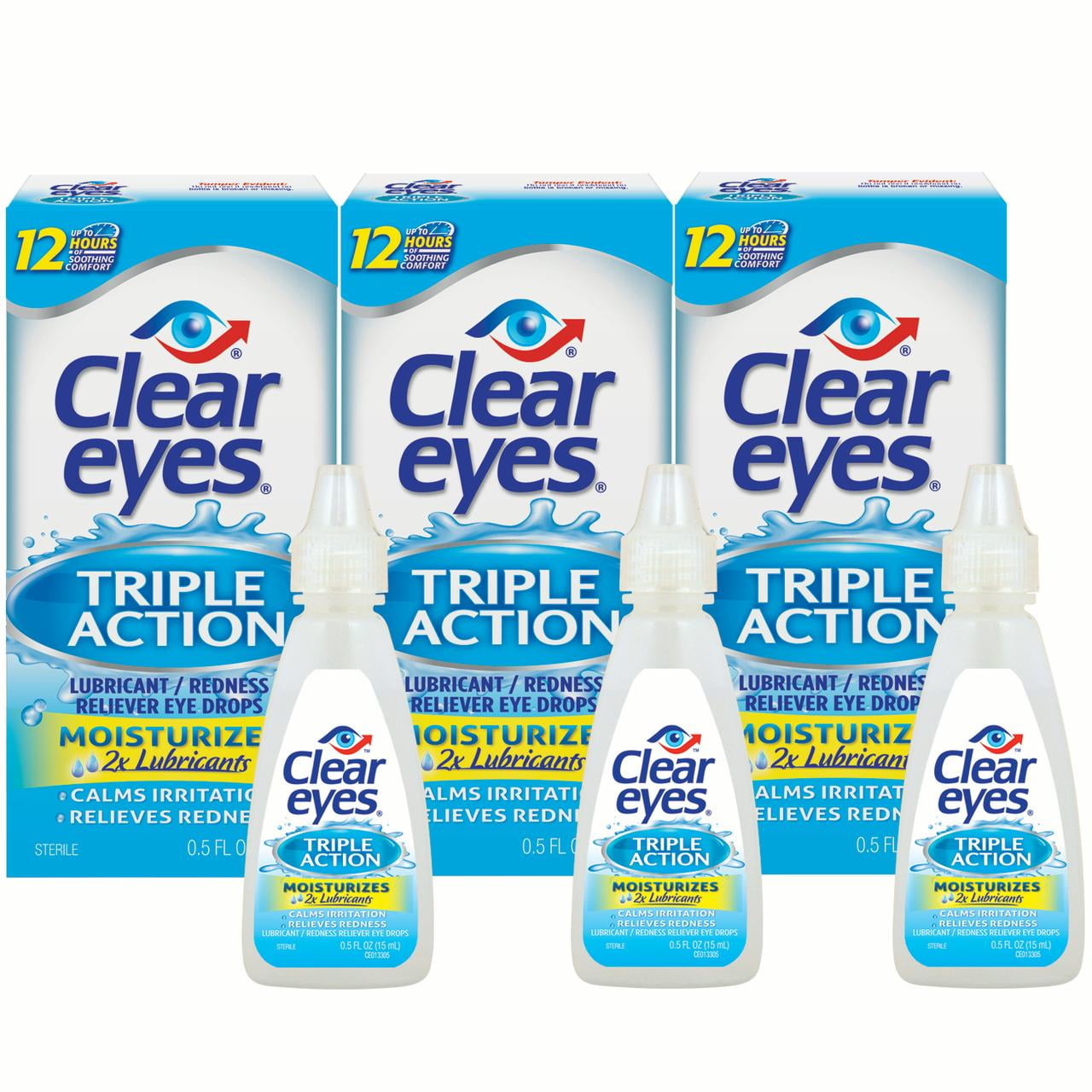 Clear Eyes Triple Action Lubricant / Redness Relief Eye Drops, 0.5 FL OZ, 3 Pack