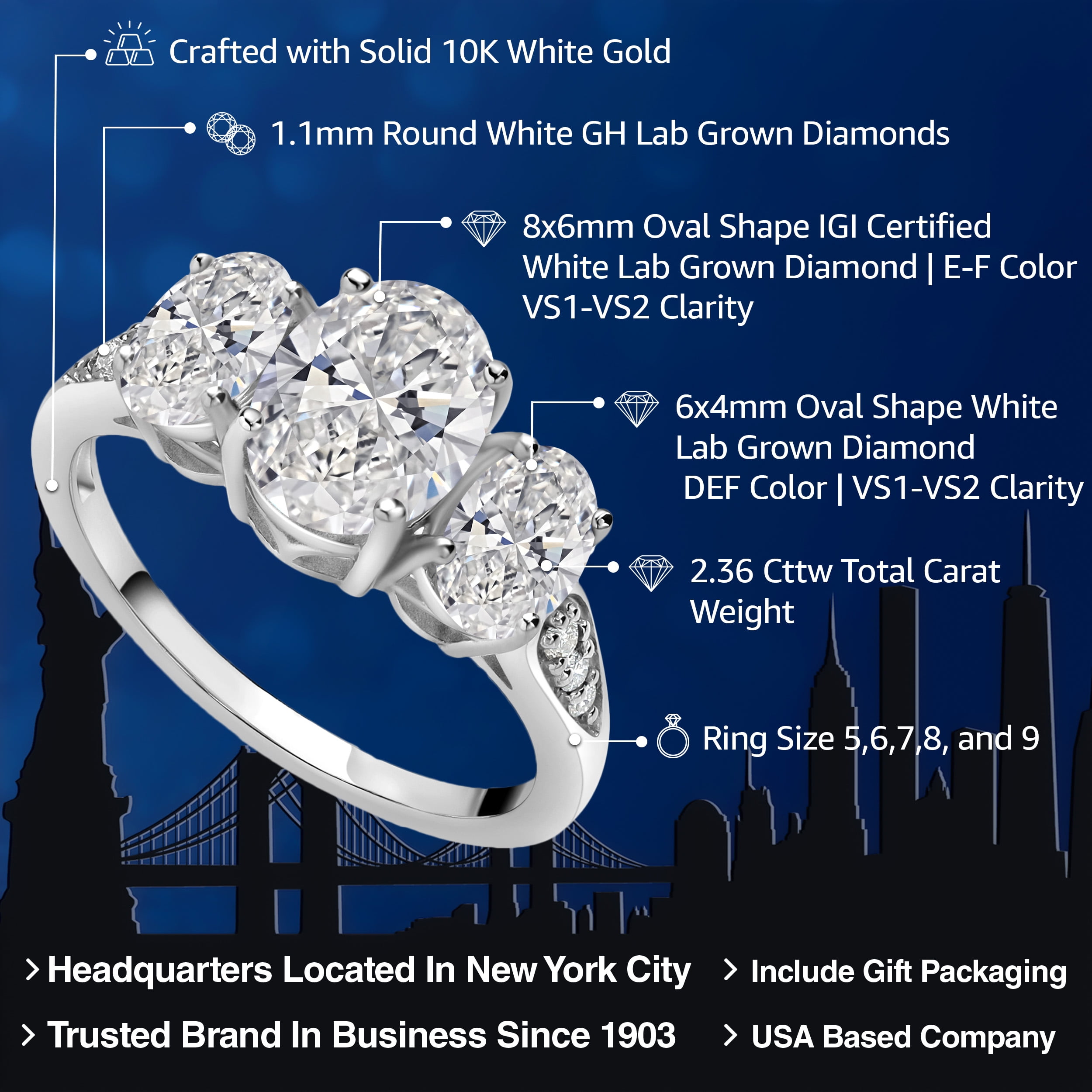 2.36 Cttw 10K White Gold Oval White Lab Grown Diamond 3-Stone Engagement Ring for Women | Center 1.5 Ct IGI Certified Diamond | D-E Color | VS1-VS2 Clarity | Available in Size 5,6,7,8,9