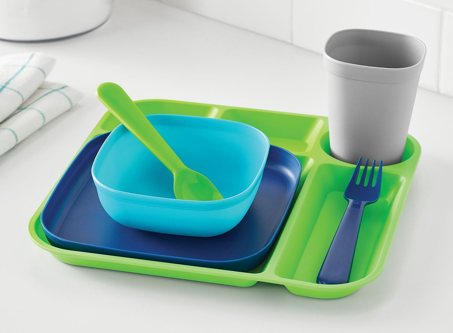 Your Zone 24 Piece Plastic Dinnerware Set for Kids with 4 each Trays, Bowls, Plates, Cups, Forks, Spoons in Bright Green, Teal, Gray, Navy