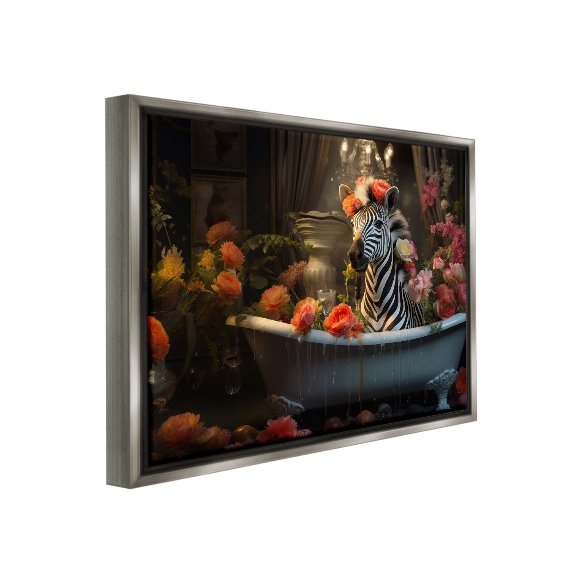 Stupell Industries Zebra Bathing with Florals Animals & Insects Painting Gray Floater Framed Canvas Art Print Wall Art, 21 x 17