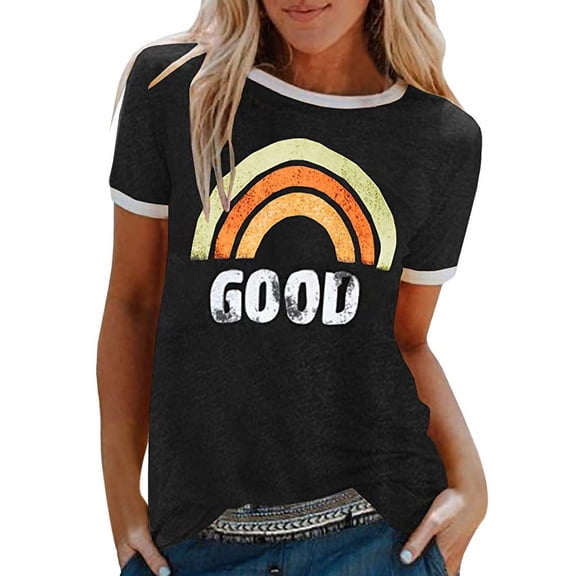 DHFJKG T Shirts For Women Summer Rainbow Letter Print Short Sleeve Casual Tunic Crewneck Loose Fit Tees Versatile Tops