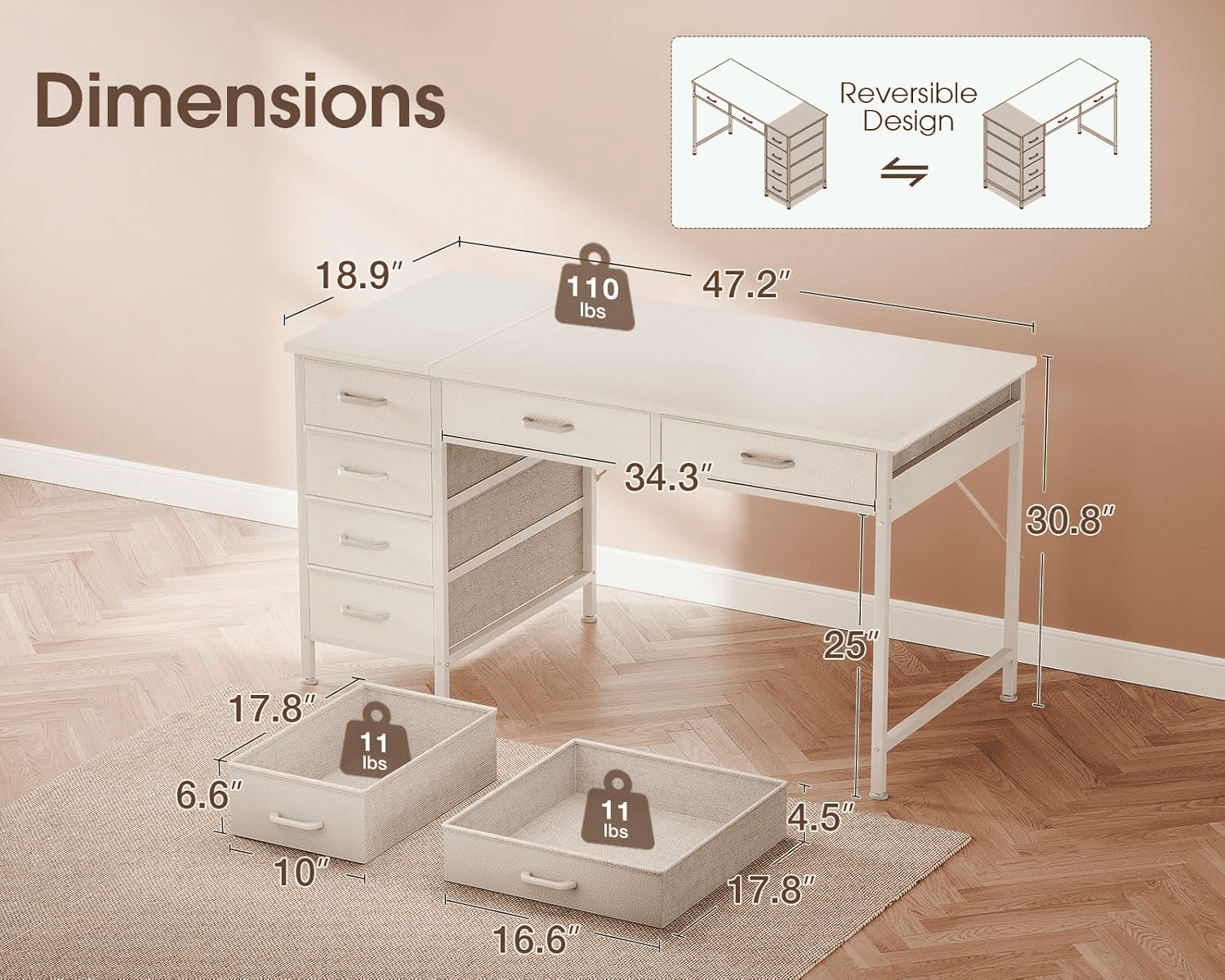 48-Inch Computer Desk with 6 Drawers and Reversible Storage – Suitable for Home Office, Bedroom, Work, and Study (White)