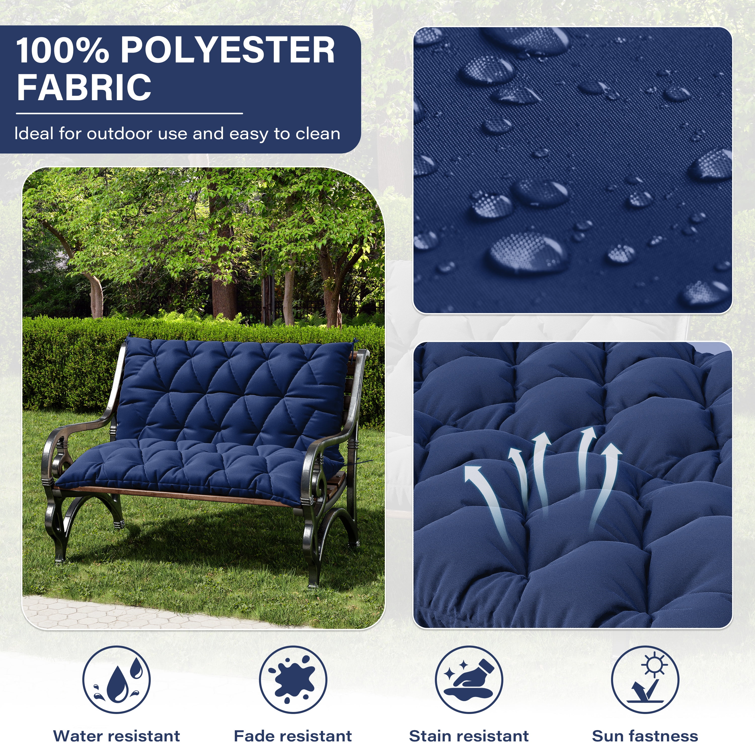 Snubbull Swing Replacement Cushion, Outside Bench Cushion with Backrest, 1-2 Seater Cushion with 6 Ties for Outdoor Furniture, 47 x 40 x 5 Inches Porch SwingCushion Garden Bench, Blue