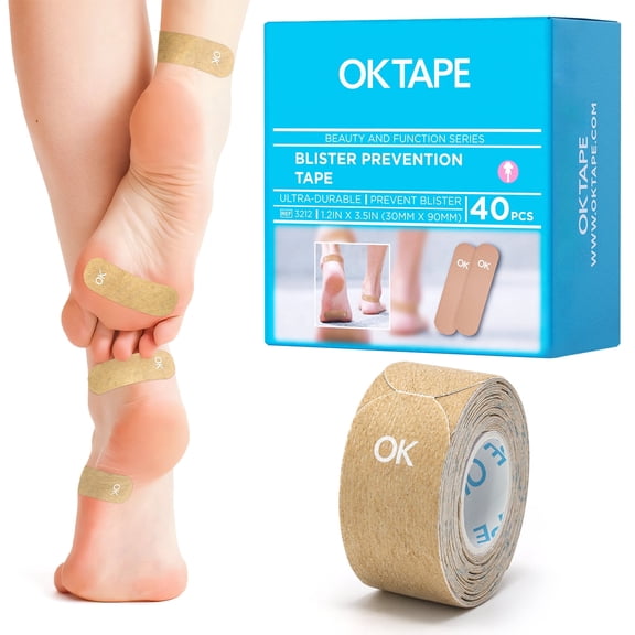 OK TAPE Blister Prevention Tape, 40 Pcs, Moleskin for Blisters, No-Residue Blister Bandages for Feet & Body, Heel Patches, 1.2in X 3.5in Precut Strips - Beige