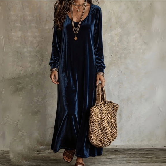 Women Fall Winter Velvet Scoop Crew Round Neck Maxi Dress Long Sleeve Loose Shift Solid Chic Elegant Casual Everyday Dress M
