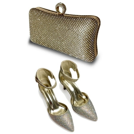Trendini Fashion Matching Set includes a pair of shoes with matching clutch purse - Gold Rhinestone - Size 8