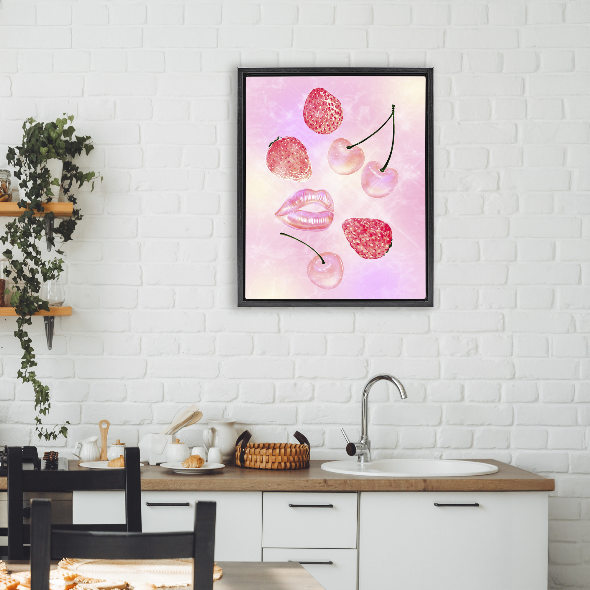 Pink Fruits and Kisses Black Framed Floater Canvas Wall Art, design by Ziwei Li