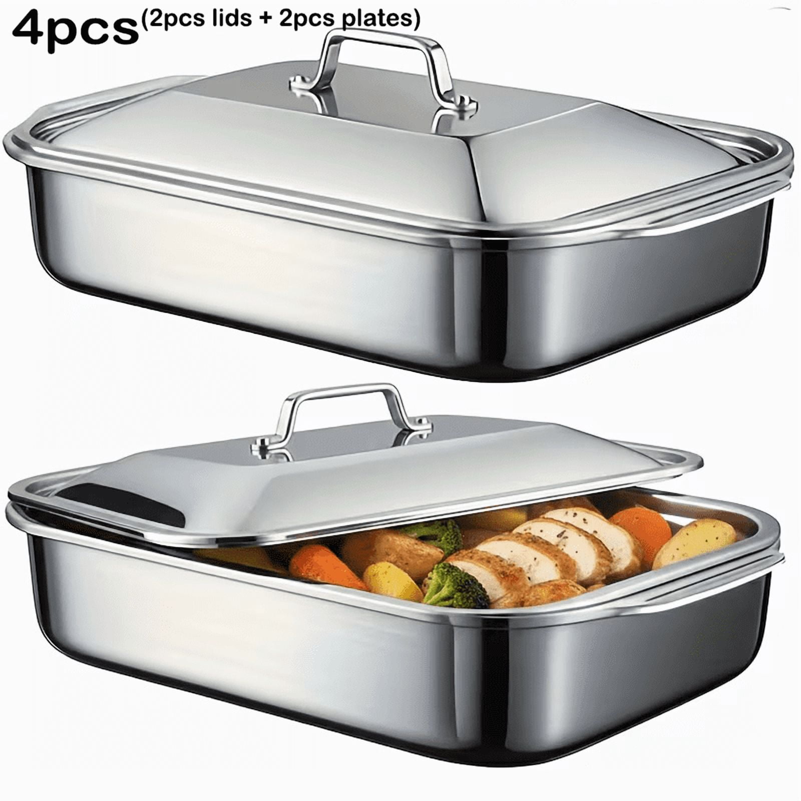 4-Piece Extra Large Heavy-Duty Thickened Stainless Steel Bakeware Set – 2 Oversized Rectangular Thick Baking & Fish Roasting Pans with 2 Matching Lids, Large Capacity Multi-Purpose Bake Trays