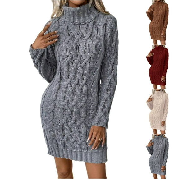 Women's Sweater Dress Knit Dress Long Sleeve Turtleneck Solid Color Cable Knit Casual Winter Dress for Holiday,Beige,L