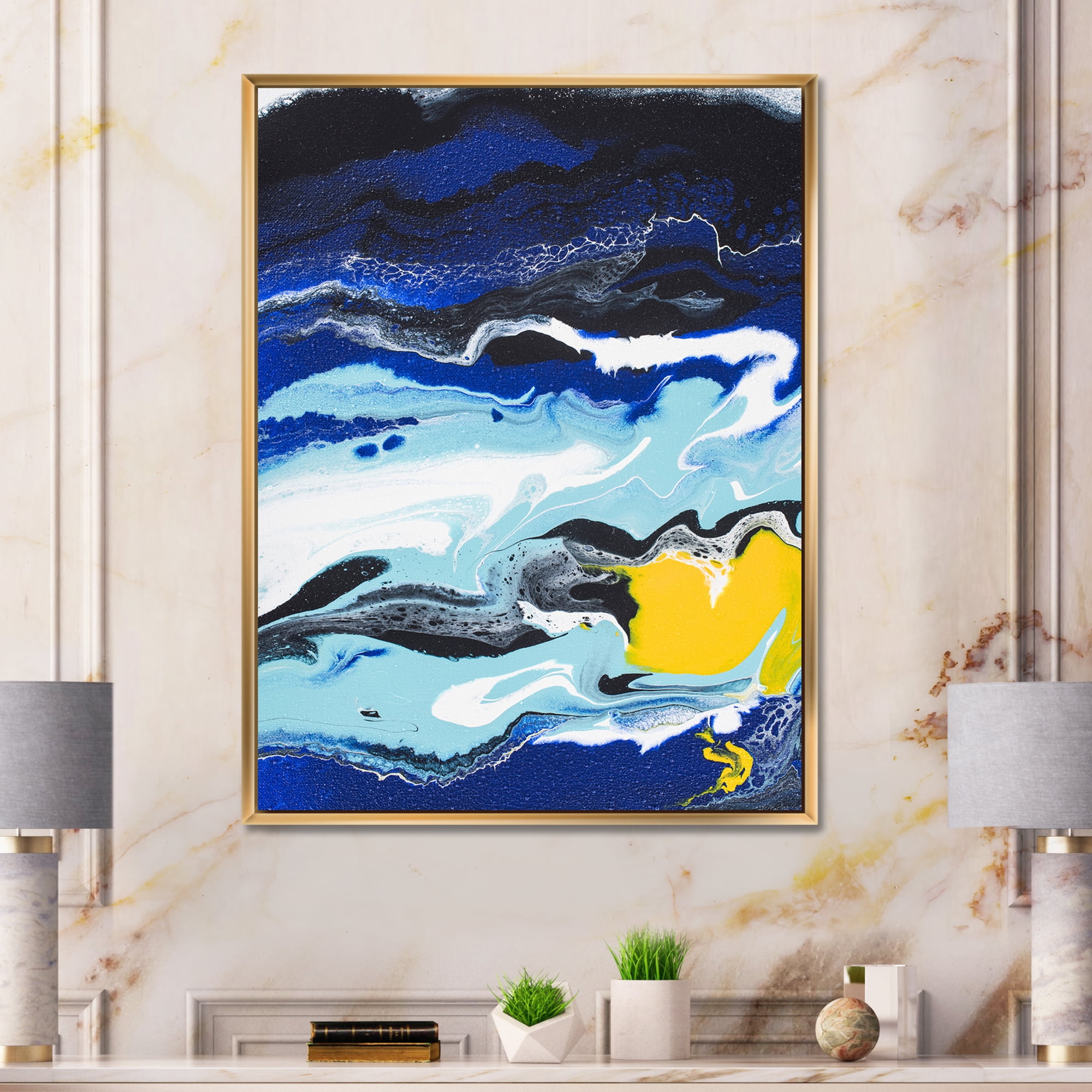 Designart 'Abstract Composition In Blue and Yellow VIII' Modern Framed Canvas Wall Art Print