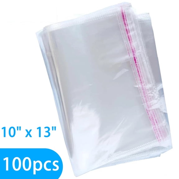 MFLABEL-100 Clear Resealable Cellophane Bags 10''X13'', Self Sealing Cello Bags, Plastic OPP Poly Bags, for Packaging Bakery Bread, Cookie, Clothing,Shirts, Card