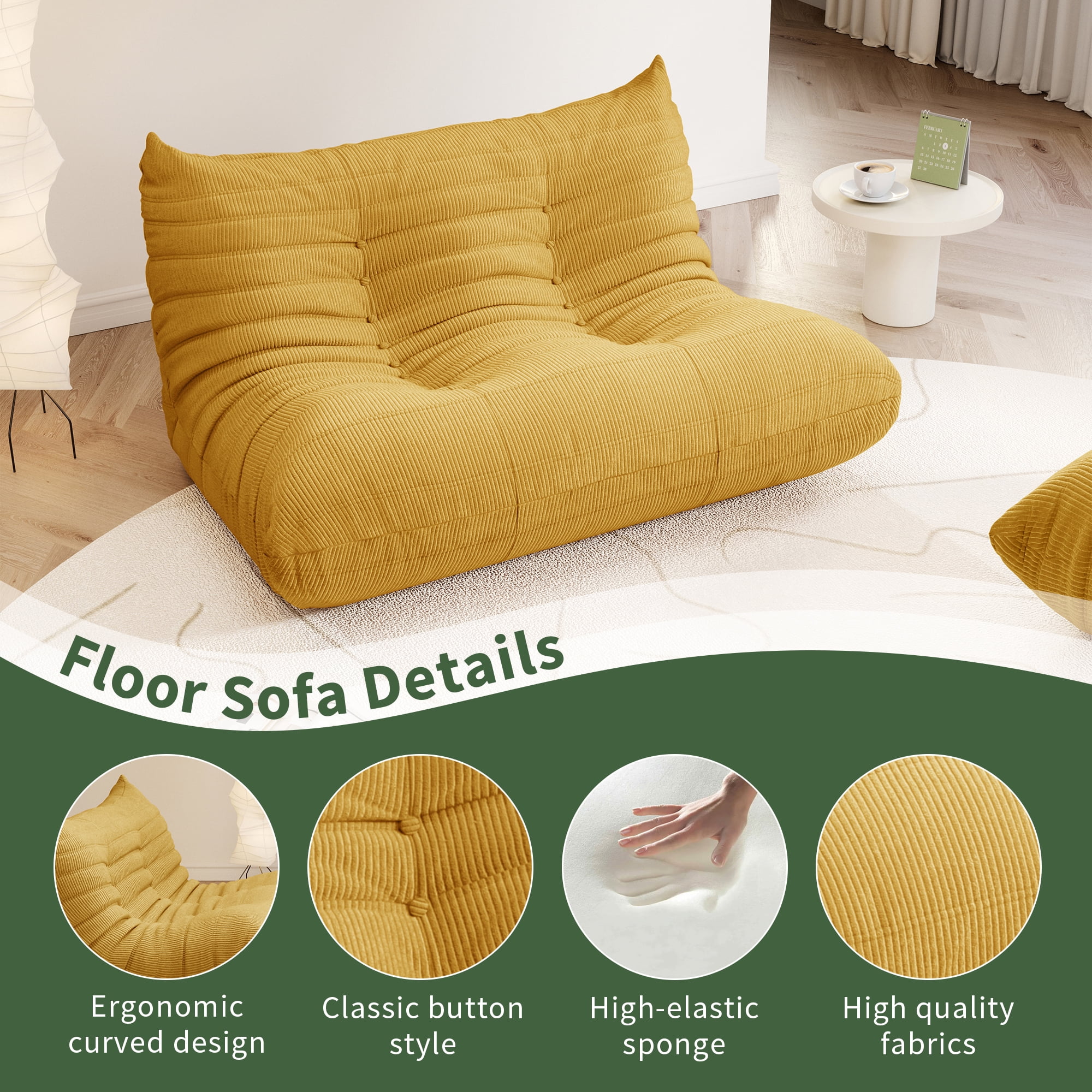 Gtilzria Lazy Sofa, Bean Bag Chair for Adults Floor Couch for Living Room, Bedroom, Corduroy, Yellow