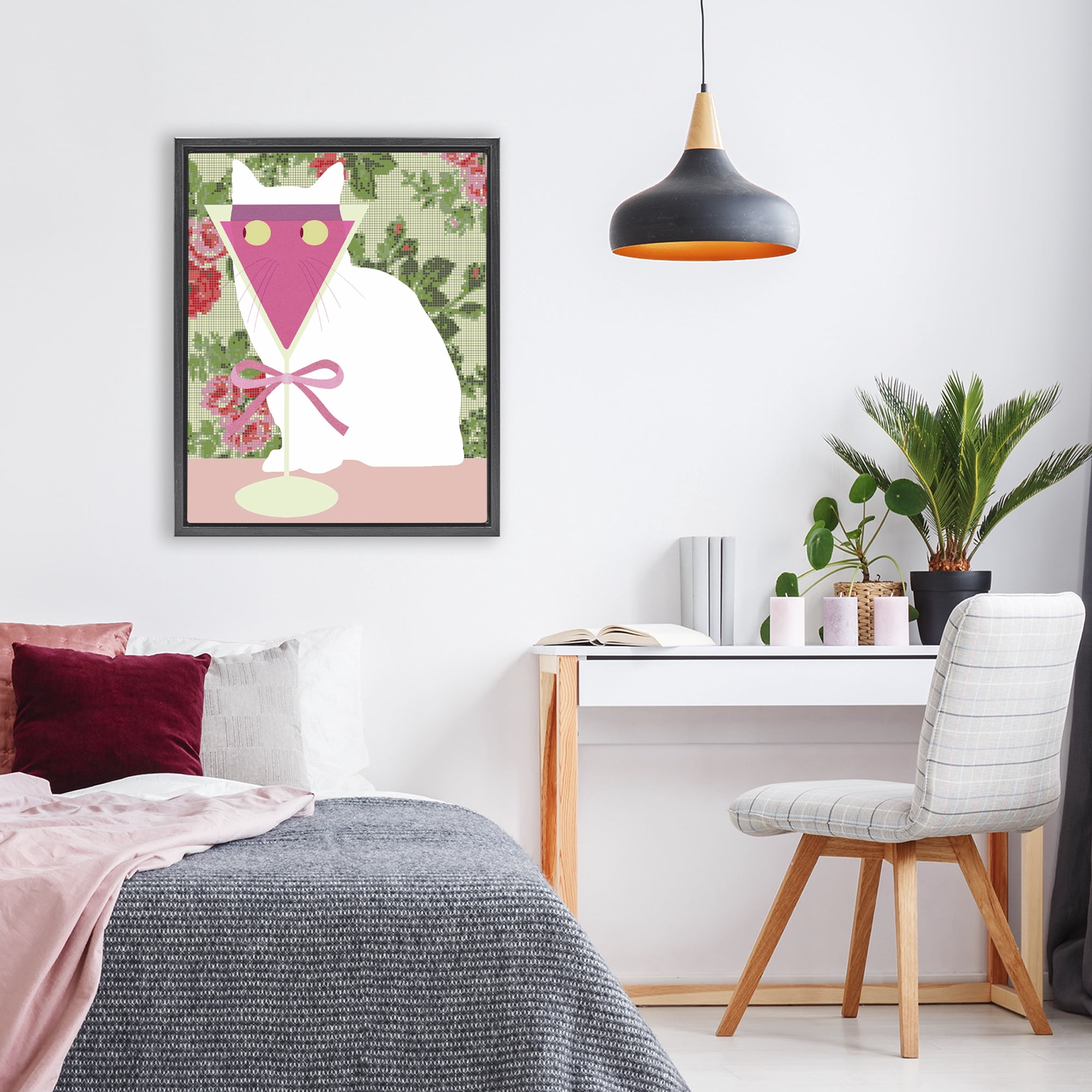 Stupell Industries White Cat with Pink Martini Black Framed Floater Canvas Wall Art, design by Lil' Rue