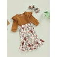 thumbnail image 3 of Seyurigaoka Newborn Baby Girl 3Pcs Pants Clothes Outfits Ribbed Ruffle Long Sleeve Knit Romper Tops + Cow Print Flared Pants + Bowknot Headband Set, 3 of 8
