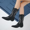 thumbnail image 2 of Embroidery Cowboy Boots for Women White Black Leather Mid Calf Chunky Heel Pointed Toe Pull on Long Booties, 2 of 8