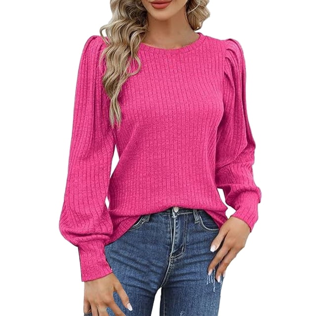 Prolriy Hauts d'Été pour Femmes 2025 T-Shirt Décontracté Tricoté à Manches Longues Col Rond Uni Printemps pour Femmes Rose Vif P