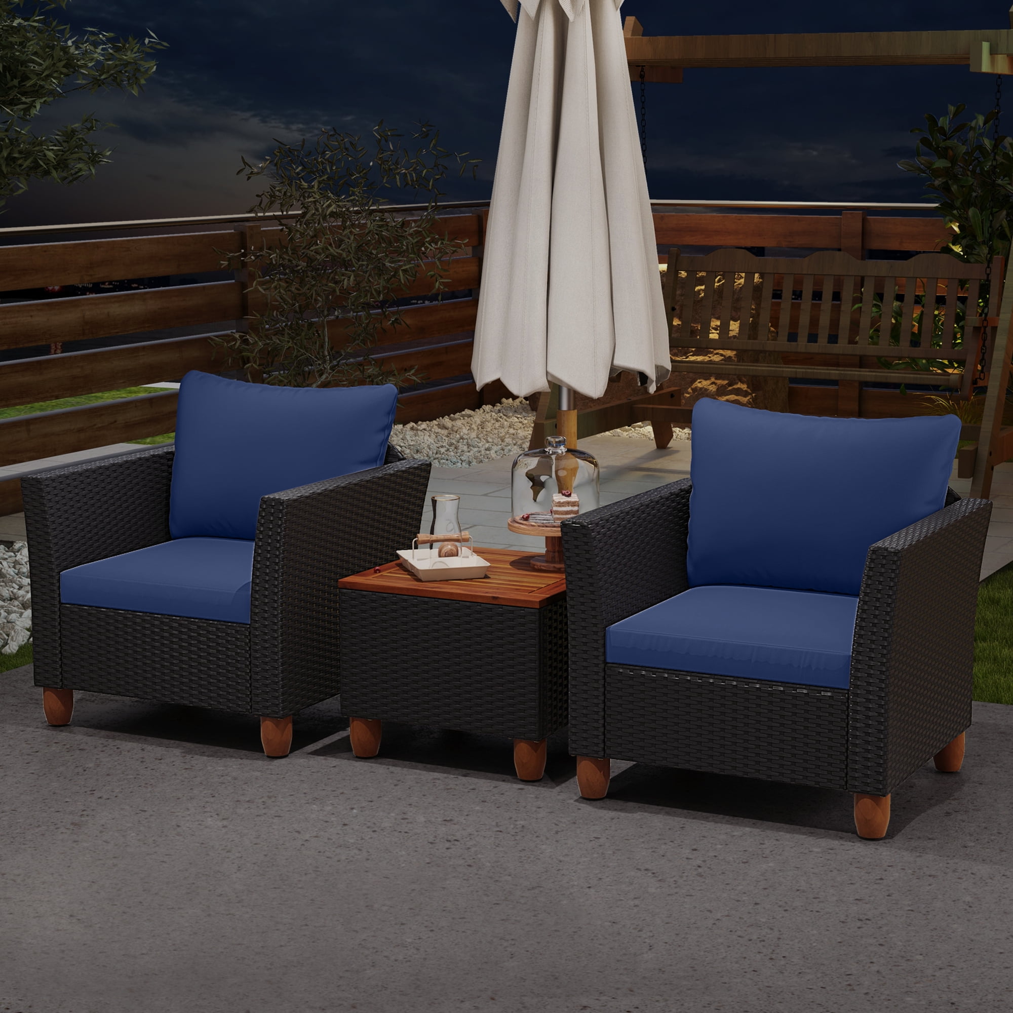 Costway 3PCS Outdoor Patio Rattan Furniture Set Wooden Table Top Cushioned Sofa Navy