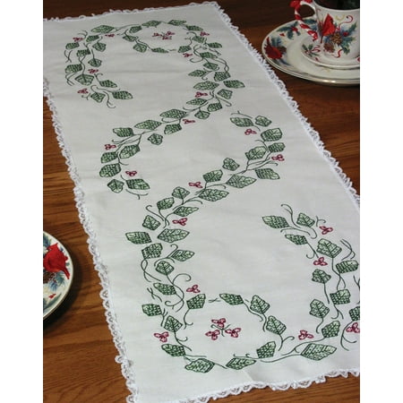 Fairway Needlecraft Ivy Stamped Perle Edge Dresser Scarf, 15" x 42