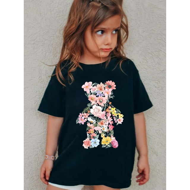 100% Cotton Fashion Girls' T-Shirt with Cute Cartoon Flower Bear Print - Casual, Machine Washable, Round Neck, Loose Fit for Summer, Tween Girl Clothes