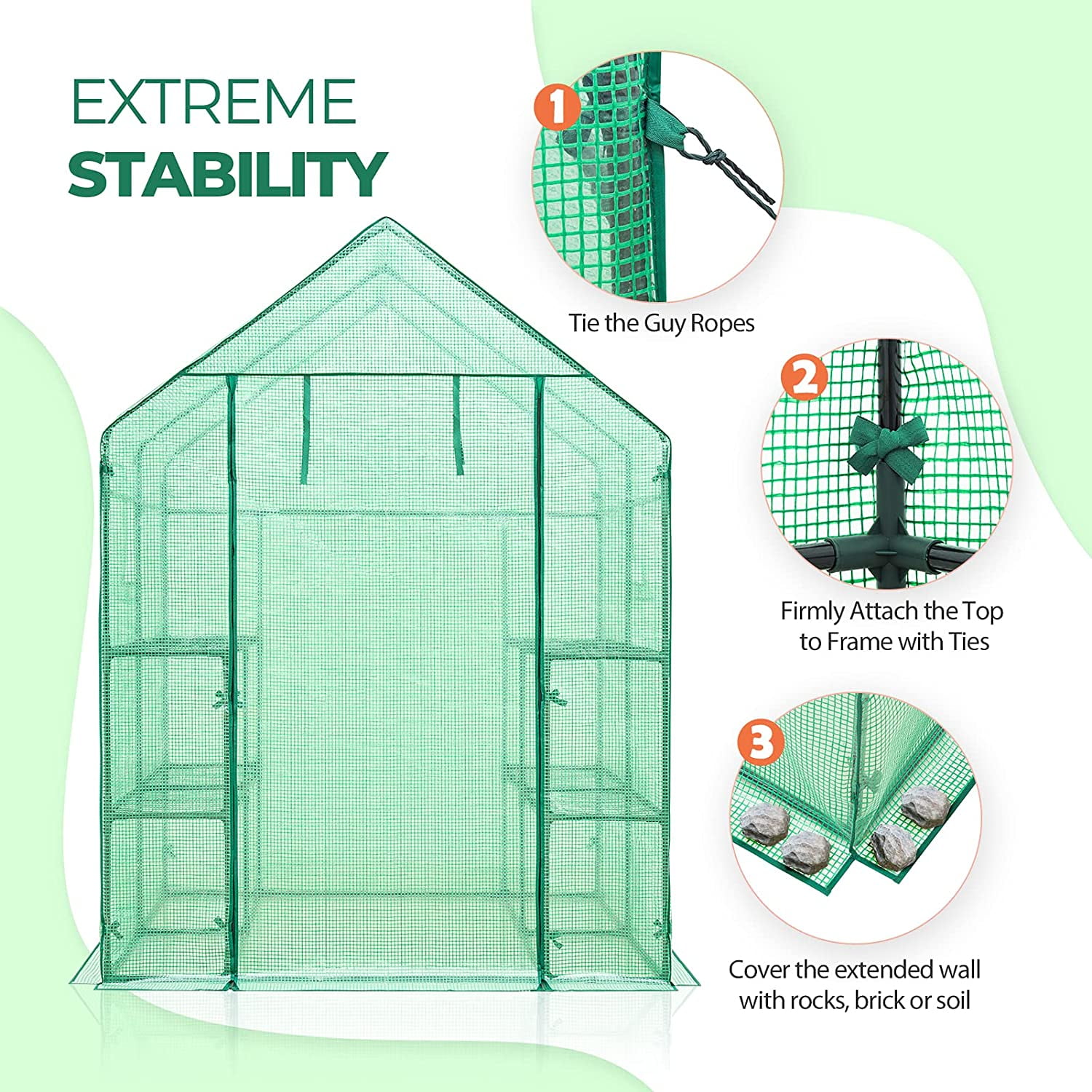 EAGLE PEAK Walk-in Greenhouse 2 Tiers 8 Shelves with Roll-up Zipper Door and 2 Side Mesh Windows, Outdoor Indoor Portable Gardening Plant House 56 x 56 x 77 in , Green