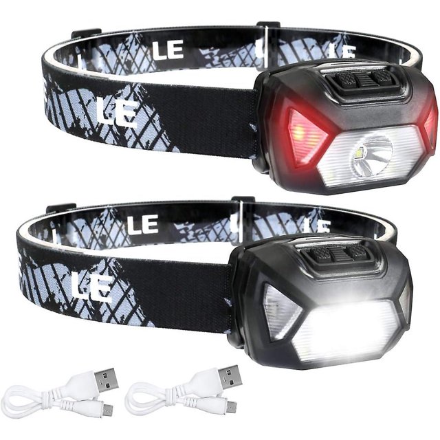 Powerful Rechargeable LED Headlamp, D500 USB LED Head Torch 2000lux White and Red Light 6 Lighting Modes IPX6 for Cycling, Camping, Hiking, DIY - 2 Pc