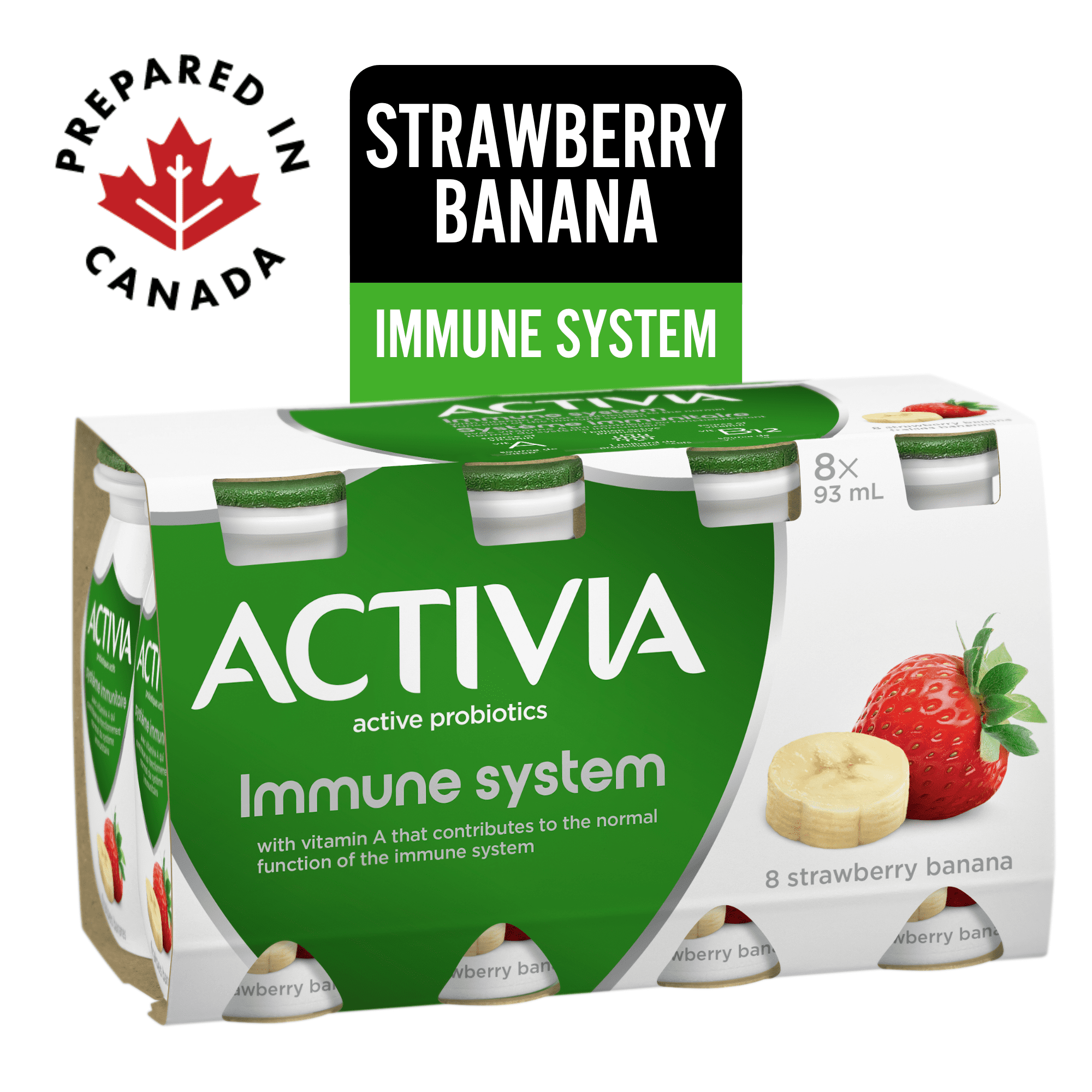 Activia Probiotic Yogurt Drink, Strawberry-Banana, Immune System, 8 x 93 mL