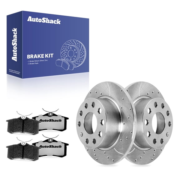 AutoShack Rear Solid Drilled & Slotted Silver Zinc Coated Brake Rotors   Ceramic Pads 6-PC Brake Kit Replacement for 2012-2018 Volkswagen Jetta 2015 Volkswagen Golf SilverShield Pro 9.96" (253 mm)