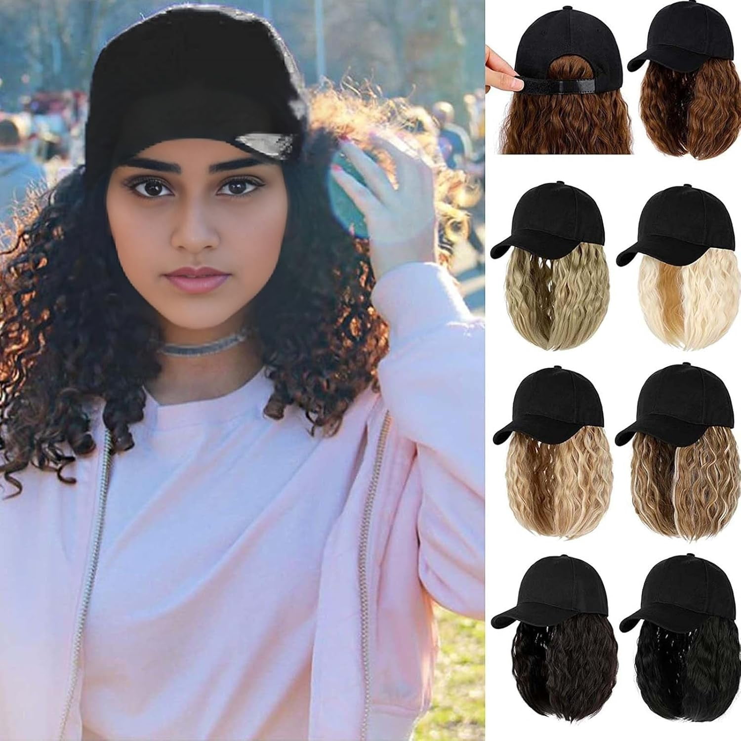 YEKEYI Hat Wig for Women, Short Wave Baseball Cap Wig with Curly Synthetic Hair Extensions