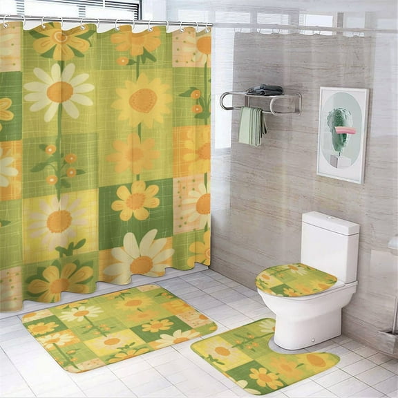 Floral Colorful Flower 4PCS Shower Curtain Sets with Rugs with Non-Slip Bath Mat Toilet Rug，72" X 72"