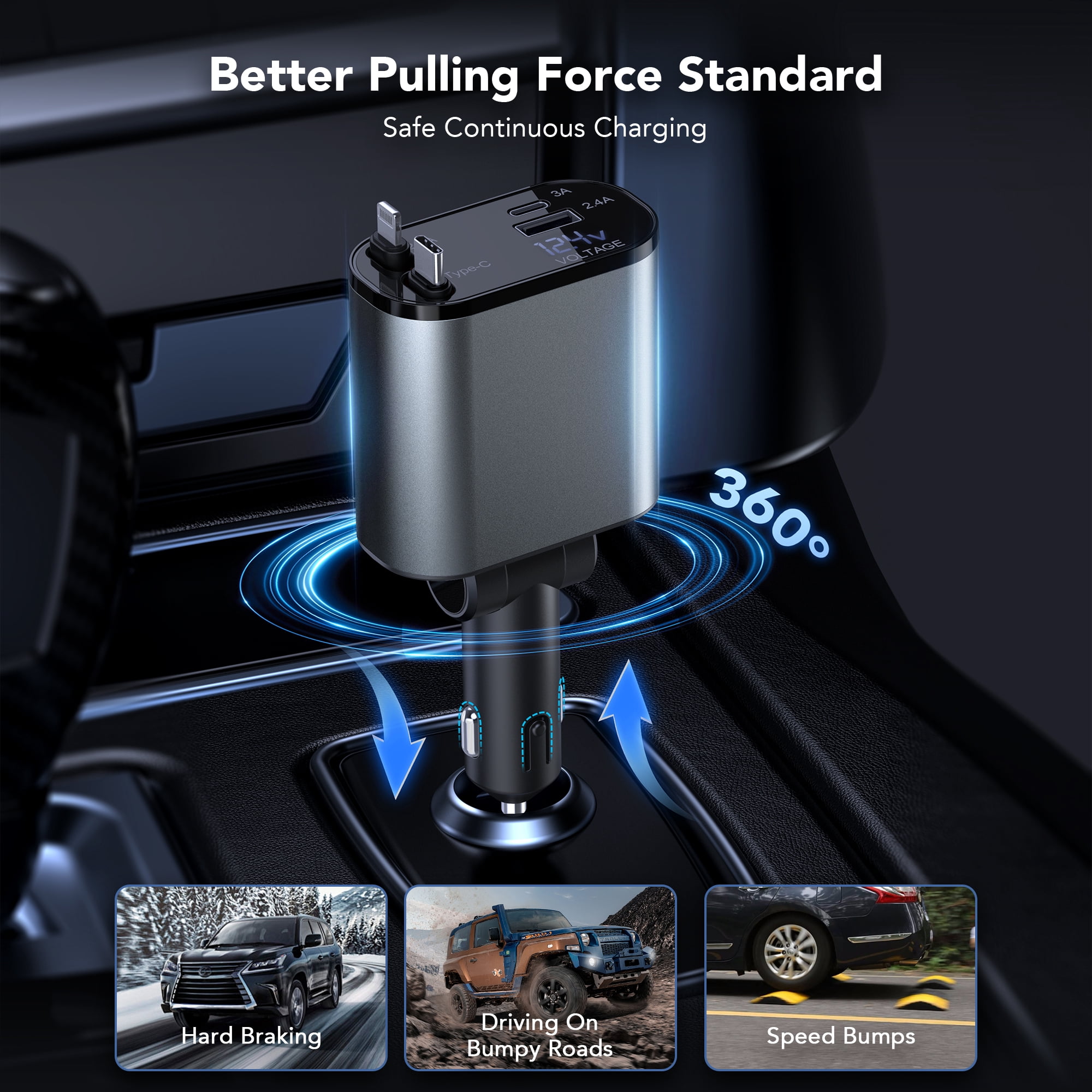 TAOHAI 60W 4-in-1 Retractable Car Charger USB C - Fast Charging Adapter with 2 USB Ports for iPhone 16/15, Galaxy, Pixel