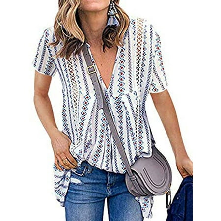 Womens Yellow Hibiscus Print - Nlife Women's Short Sleeve V Neck Asymmetric Hem Floral Print Blouse