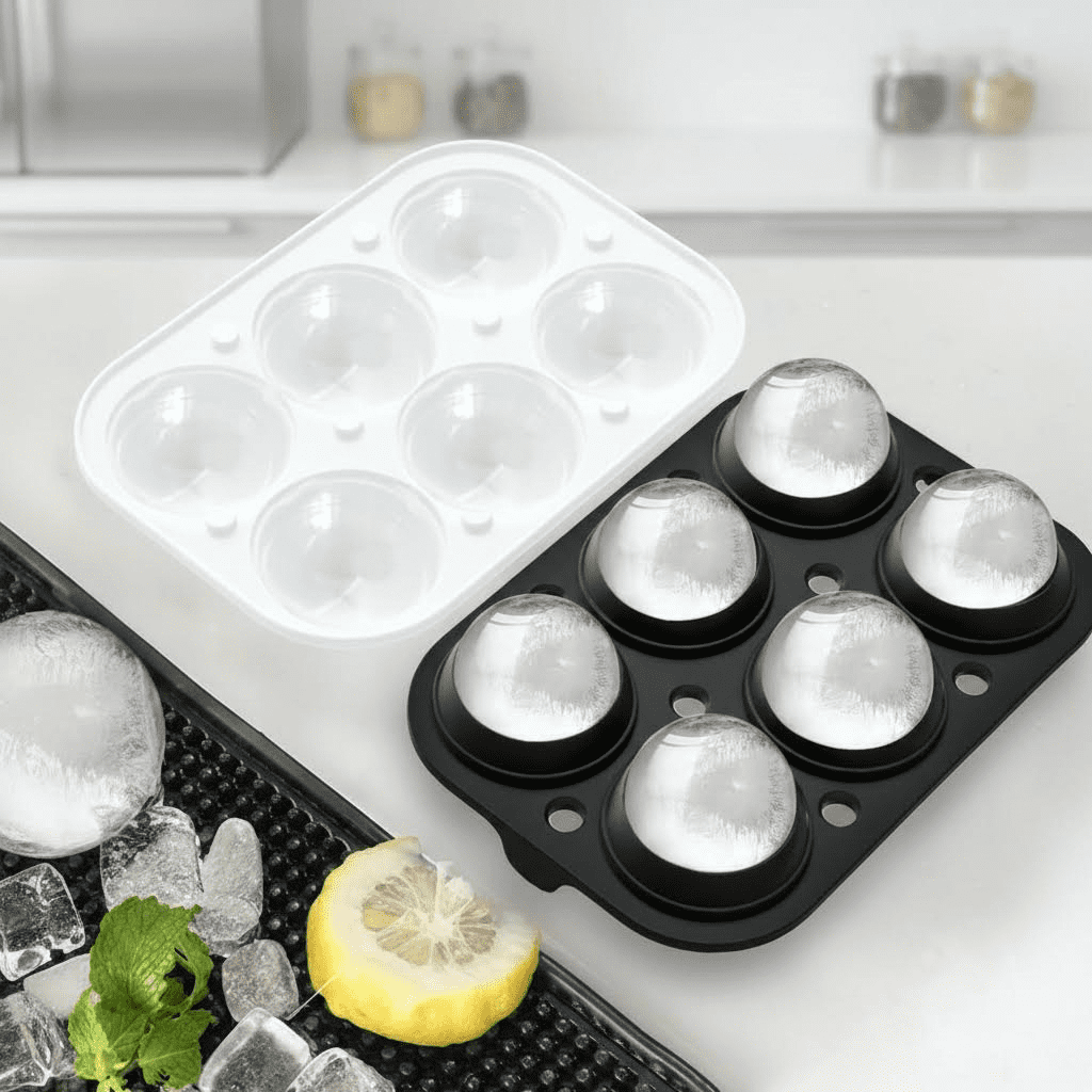 Set of 2 Premium Ice Cube Trays: Large Square Mold and Sphere Ice Ball Maker with Lids for Whiskey, Cocktails, and Chilled Beverages at Home