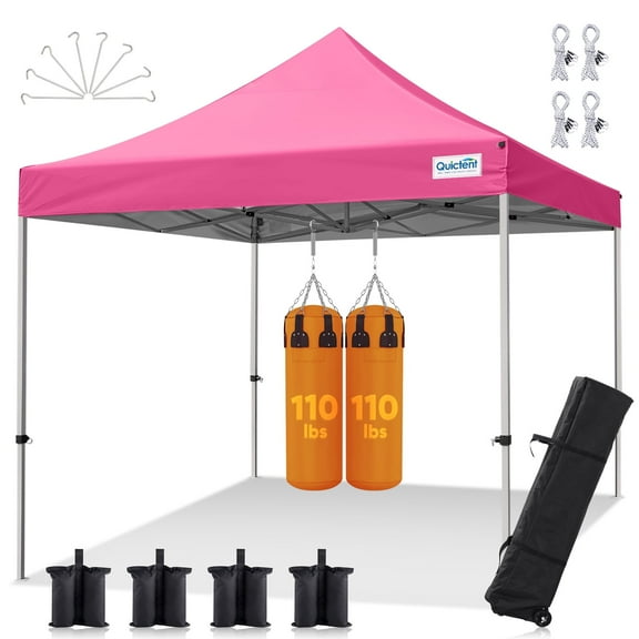 Quictent 10'x10' Portable Pop up Canopy Tent, Easy up Commercial Gazebo Canopies for Sun & Rain Protection(Pink, No Sidewall)