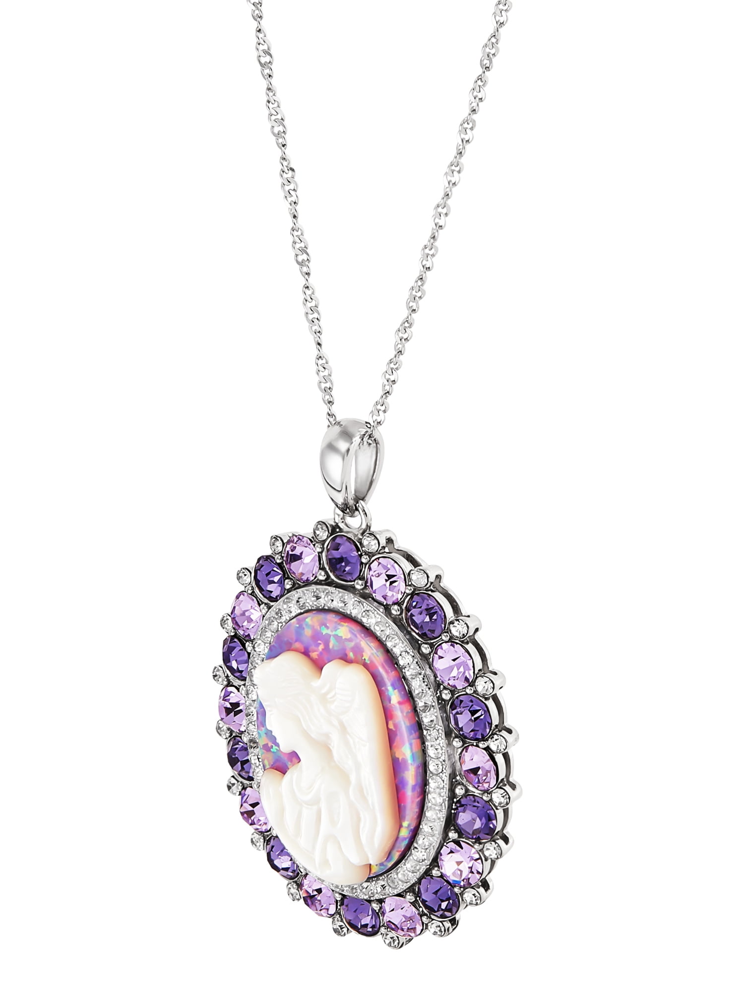 Brilliance Fine Jewelry Oval Mother of Pearl Crystal Angel Pendant in Sterling Silver,18"